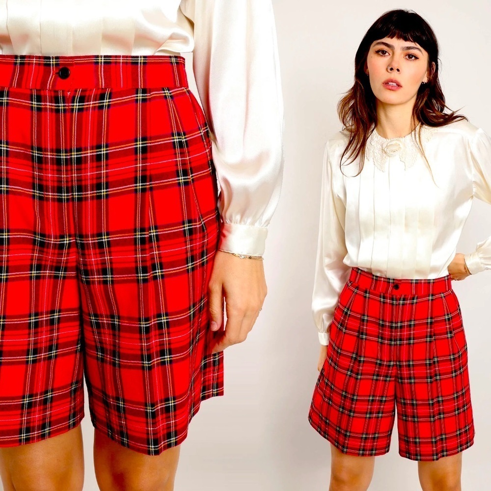 Leslie Fay Red Plaid Kilt Shorts Vintage High Waist